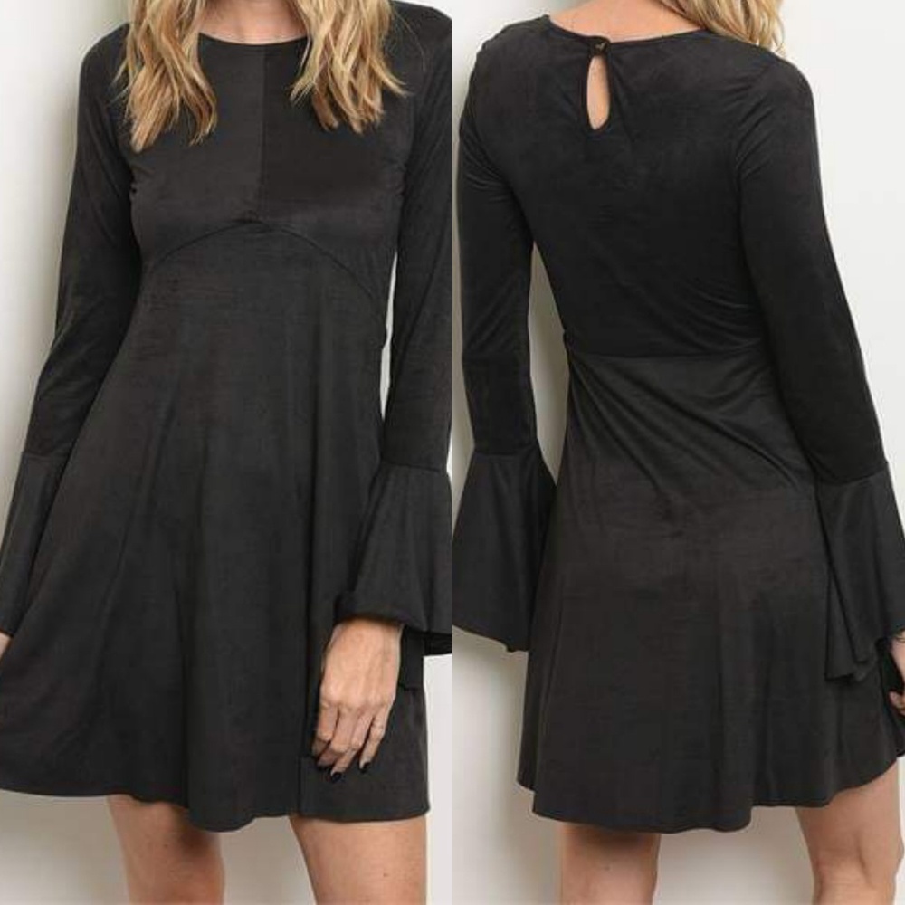 DELANEY FAUX SUEDE FLARE A LINE DRESS (BLACK)